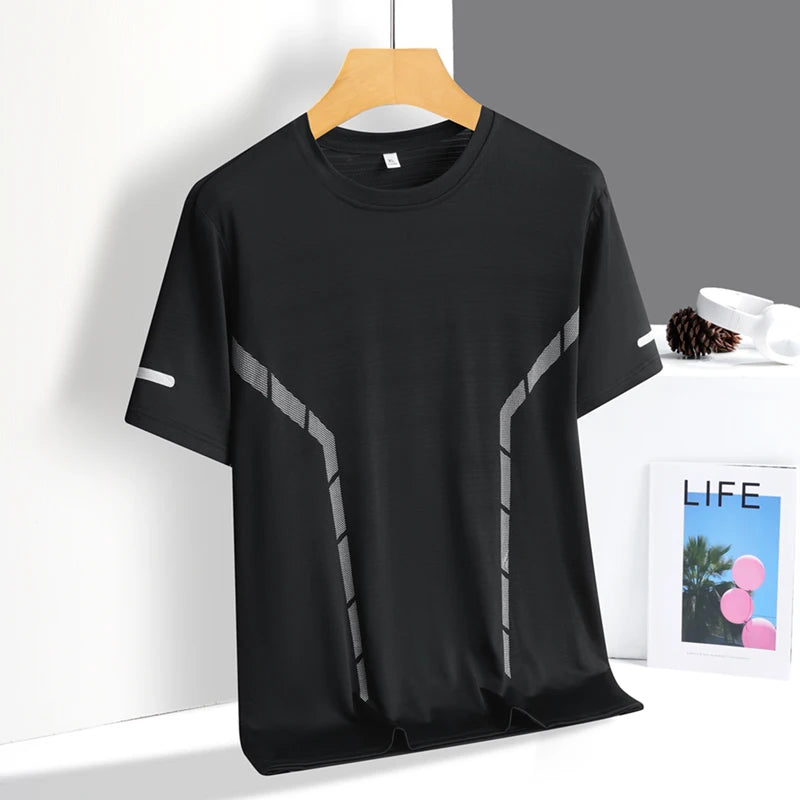 T-shirt de course à manches courtes pour hommes, haut fin en soie glacée, impression réfléchissante, séchage rapide, respirant, Fitness, sport, 5XL