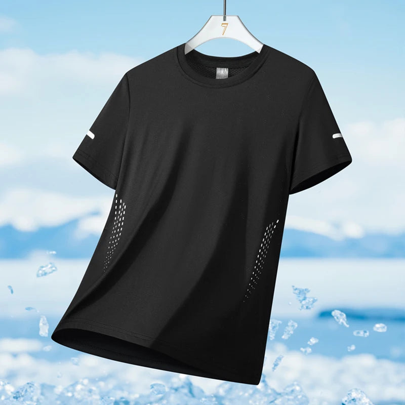 T-shirt de course à manches courtes pour hommes, haut fin en soie glacée, impression réfléchissante, séchage rapide, respirant, Fitness, sport, 5XL