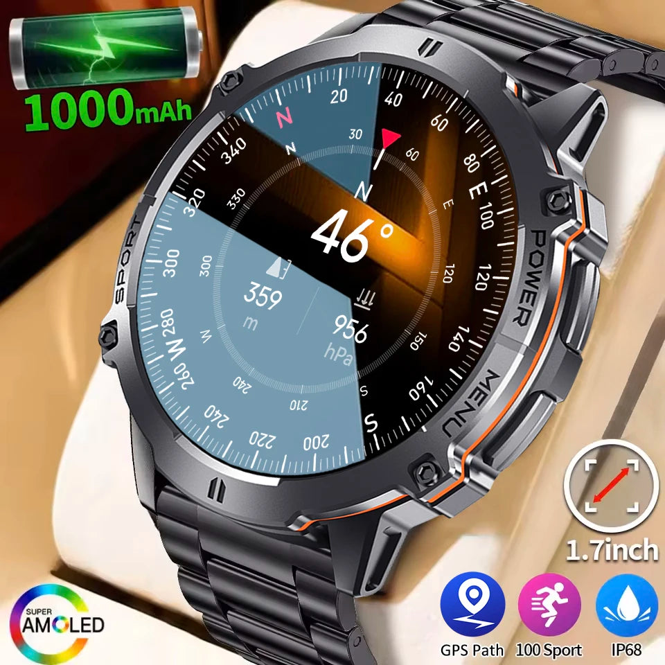 2025 nouveau 1000mAh grande capacité batterie montre intelligente hommes adultes GPS chemin boussole altimètre 1.73 pouces grand écran IP68 montre intelligente