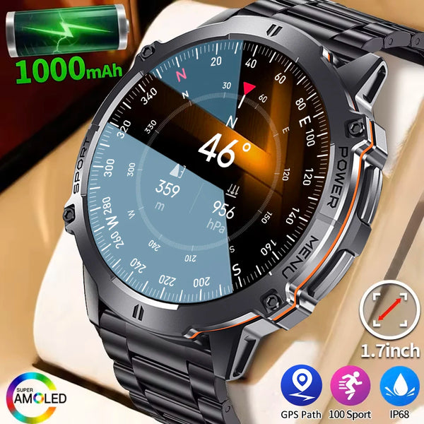 2025 nouveau 1000mAh grande capacité batterie montre intelligente hommes adultes GPS chemin boussole altimètre 1.73 pouces grand écran IP68 montre intelligente