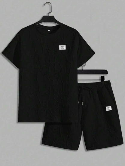 Ensemble deux pièces t-shirt et Short à col rond avec lettres texturées pour hommes, coupe régulière, t-shirt et Short décontractés à manches courtes