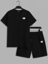 Ensemble deux pièces t-shirt et Short à col rond avec lettres texturées pour hommes, coupe régulière, t-shirt et Short décontractés à manches courtes