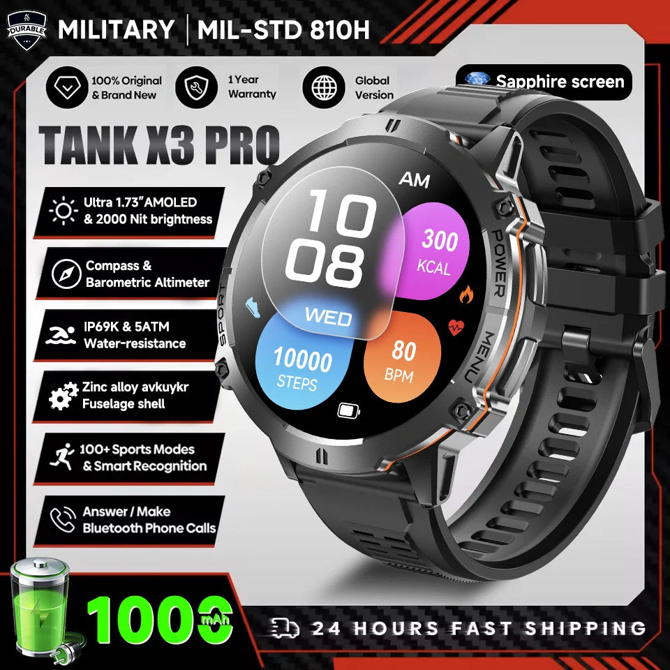 2025 nouveau 1000mAh grande capacité batterie montre intelligente hommes adultes GPS chemin boussole altimètre 1.73 pouces grand écran IP68 montre intelligente
