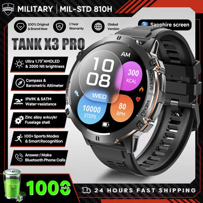 2025 nouveau 1000mAh grande capacité batterie montre intelligente hommes adultes GPS chemin boussole altimètre 1.73 pouces grand écran IP68 montre intelligente