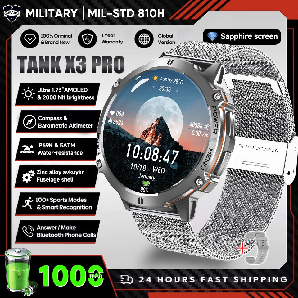 2025 nouveau 1000mAh grande capacité batterie montre intelligente hommes adultes GPS chemin boussole altimètre 1.73 pouces grand écran IP68 montre intelligente