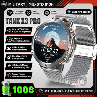 2025 nouveau 1000mAh grande capacité batterie montre intelligente hommes adultes GPS chemin boussole altimètre 1.73 pouces grand écran IP68 montre intelligente