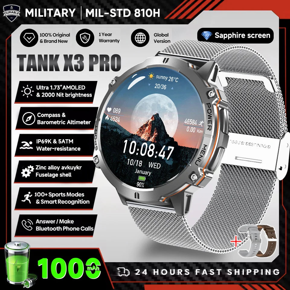 2025 nouveau 1000mAh grande capacité batterie montre intelligente hommes adultes GPS chemin boussole altimètre 1.73 pouces grand écran IP68 montre intelligente