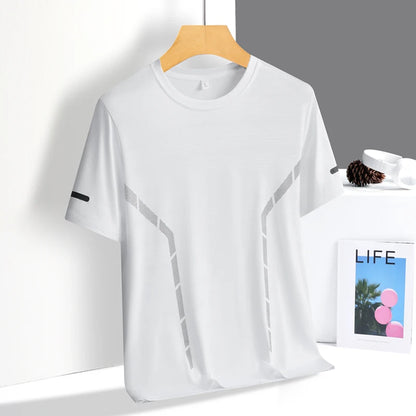 T-shirt de course à manches courtes pour hommes, haut fin en soie glacée, impression réfléchissante, séchage rapide, respirant, Fitness, sport, 5XL