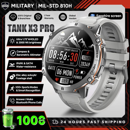 2025 nouveau 1000mAh grande capacité batterie montre intelligente hommes adultes GPS chemin boussole altimètre 1.73 pouces grand écran IP68 montre intelligente