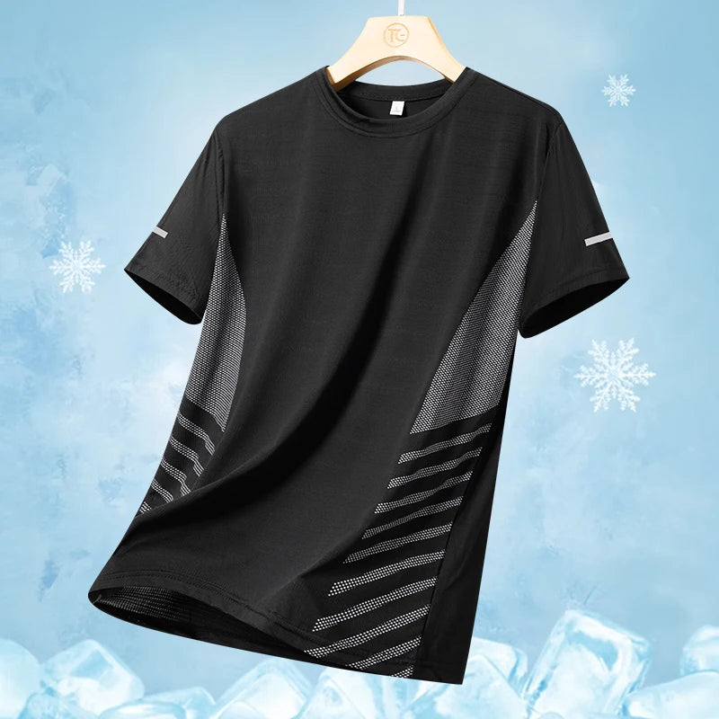 T-shirt de course à manches courtes pour hommes, haut fin en soie glacée, impression réfléchissante, séchage rapide, respirant, Fitness, sport, 5XL