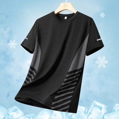 T-shirt de course à manches courtes pour hommes, haut fin en soie glacée, impression réfléchissante, séchage rapide, respirant, Fitness, sport, 5XL