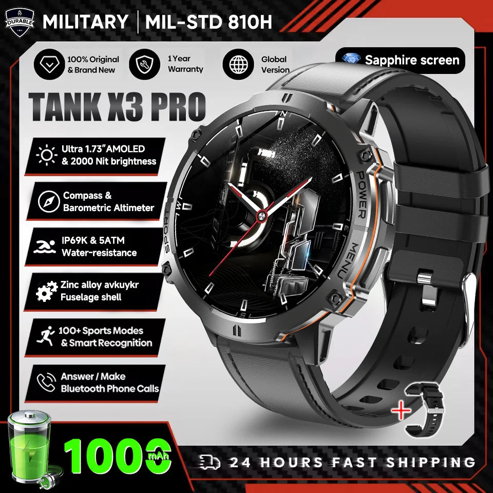 2025 nouveau 1000mAh grande capacité batterie montre intelligente hommes adultes GPS chemin boussole altimètre 1.73 pouces grand écran IP68 montre intelligente