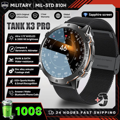 2025 nouveau 1000mAh grande capacité batterie montre intelligente hommes adultes GPS chemin boussole altimètre 1.73 pouces grand écran IP68 montre intelligente