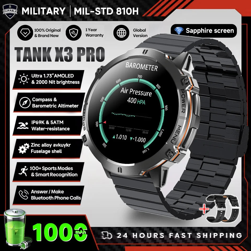 2025 nouveau 1000mAh grande capacité batterie montre intelligente hommes adultes GPS chemin boussole altimètre 1.73 pouces grand écran IP68 montre intelligente