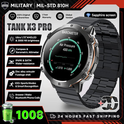 2025 nouveau 1000mAh grande capacité batterie montre intelligente hommes adultes GPS chemin boussole altimètre 1.73 pouces grand écran IP68 montre intelligente