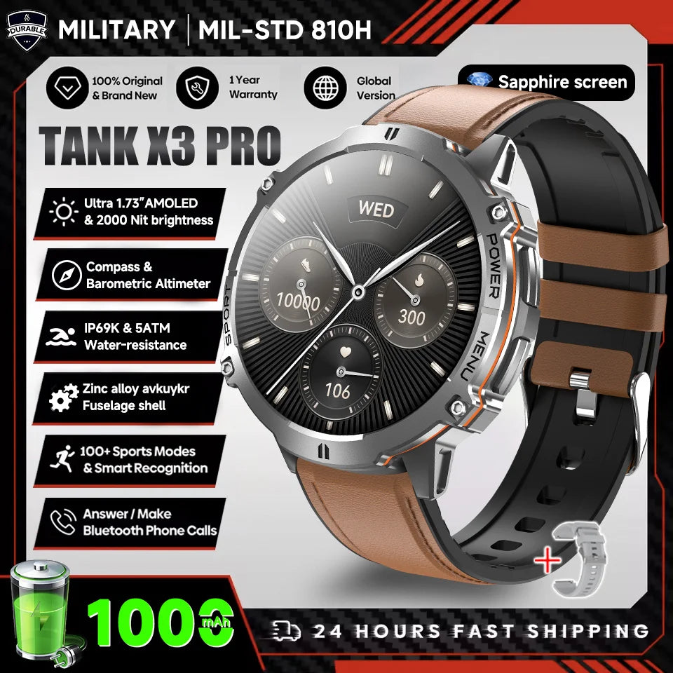 2025 nouveau 1000mAh grande capacité batterie montre intelligente hommes adultes GPS chemin boussole altimètre 1.73 pouces grand écran IP68 montre intelligente