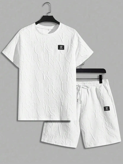Ensemble deux pièces t-shirt et Short à col rond avec lettres texturées pour hommes, coupe régulière, t-shirt et Short décontractés à manches courtes