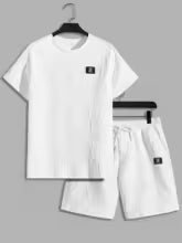 Ensemble deux pièces t-shirt et Short à col rond avec lettres texturées pour hommes, coupe régulière, t-shirt et Short décontractés à manches courtes