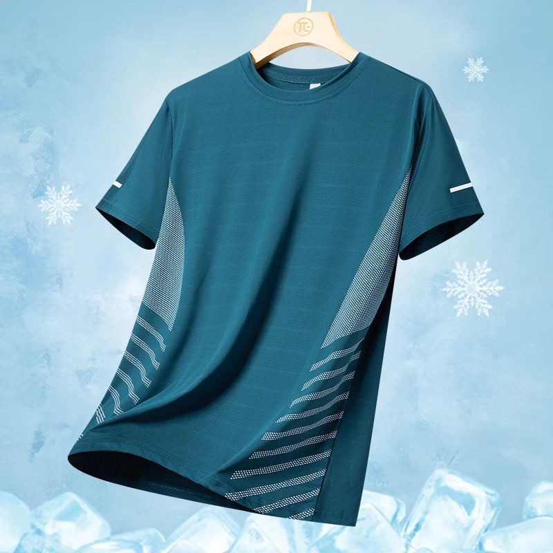 T-shirt de course à manches courtes pour hommes, haut fin en soie glacée, impression réfléchissante, séchage rapide, respirant, Fitness, sport, 5XL