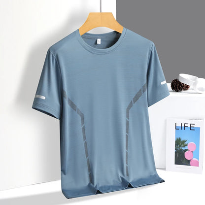 T-shirt de course à manches courtes pour hommes, haut fin en soie glacée, impression réfléchissante, séchage rapide, respirant, Fitness, sport, 5XL