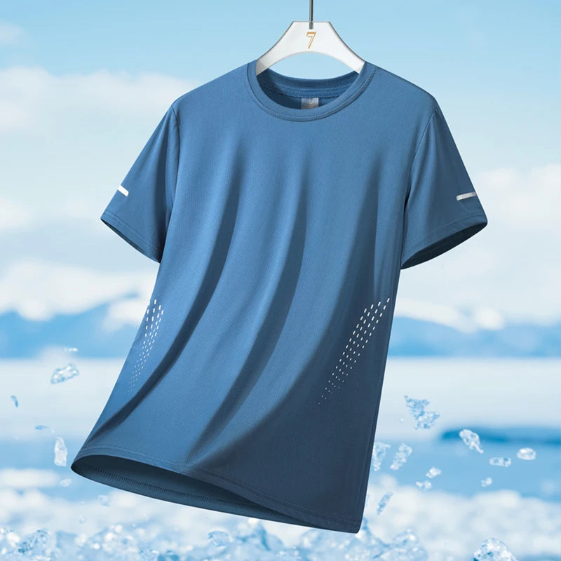 T-shirt de course à manches courtes pour hommes, haut fin en soie glacée, impression réfléchissante, séchage rapide, respirant, Fitness, sport, 5XL