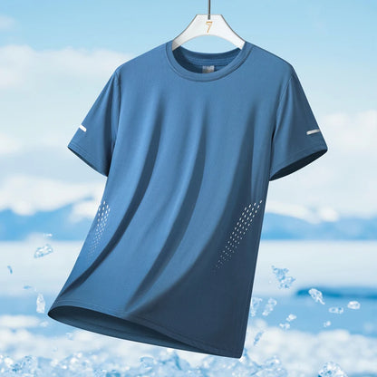 T-shirt de course à manches courtes pour hommes, haut fin en soie glacée, impression réfléchissante, séchage rapide, respirant, Fitness, sport, 5XL