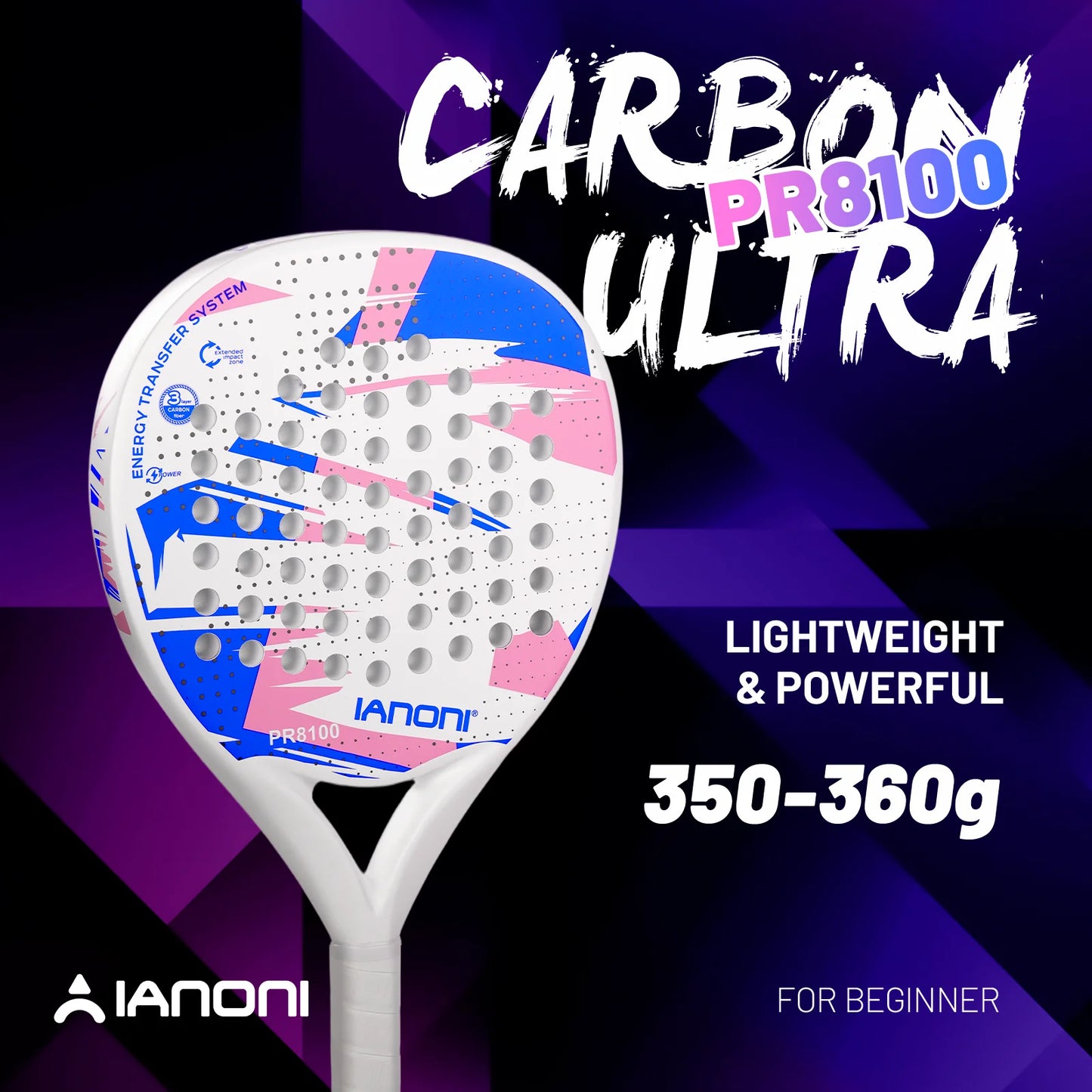 IANONI 8100 WHITE Padel Racket Carbon Fiber Surface with EVA Memory Flex Foam Core Padel Tennis Racquets Lightweight