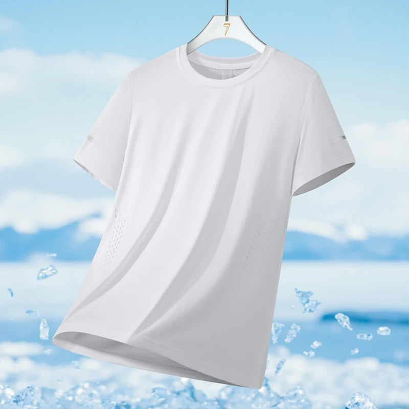T-shirt de course à manches courtes pour hommes, haut fin en soie glacée, impression réfléchissante, séchage rapide, respirant, Fitness, sport, 5XL