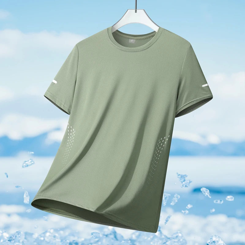 T-shirt de course à manches courtes pour hommes, haut fin en soie glacée, impression réfléchissante, séchage rapide, respirant, Fitness, sport, 5XL