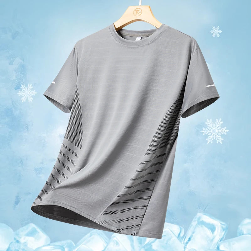 T-shirt de course à manches courtes pour hommes, haut fin en soie glacée, impression réfléchissante, séchage rapide, respirant, Fitness, sport, 5XL