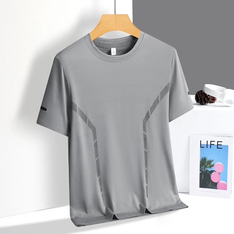 T-shirt de course à manches courtes pour hommes, haut fin en soie glacée, impression réfléchissante, séchage rapide, respirant, Fitness, sport, 5XL
